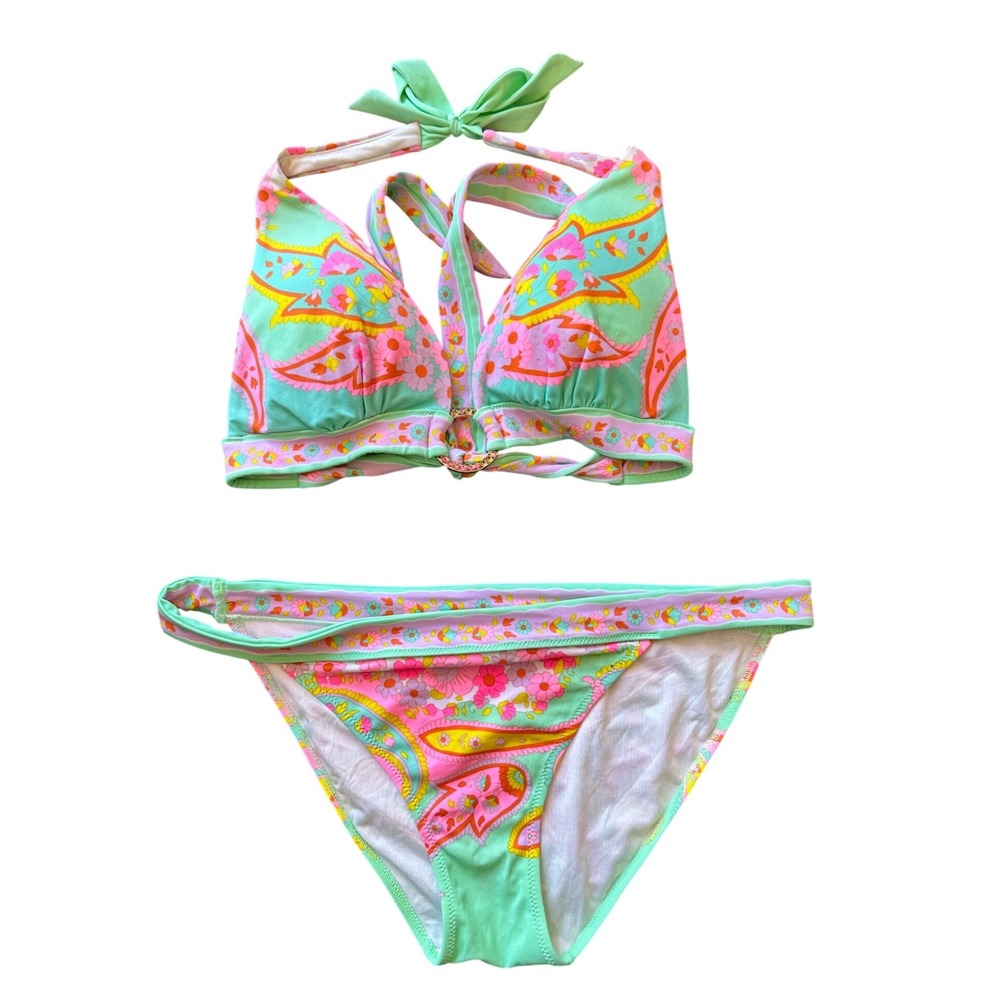 Victorias Secret y2k Mint Green Paisley Floral Rhinestone Halter Bikini Set M